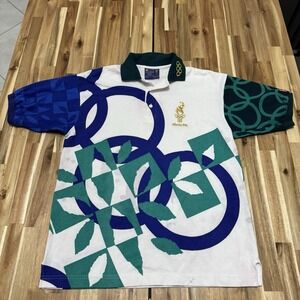 Vintage 1996 Atlanta Olympics Polo Shirt Mens M AOP Colorblock Made In USA *